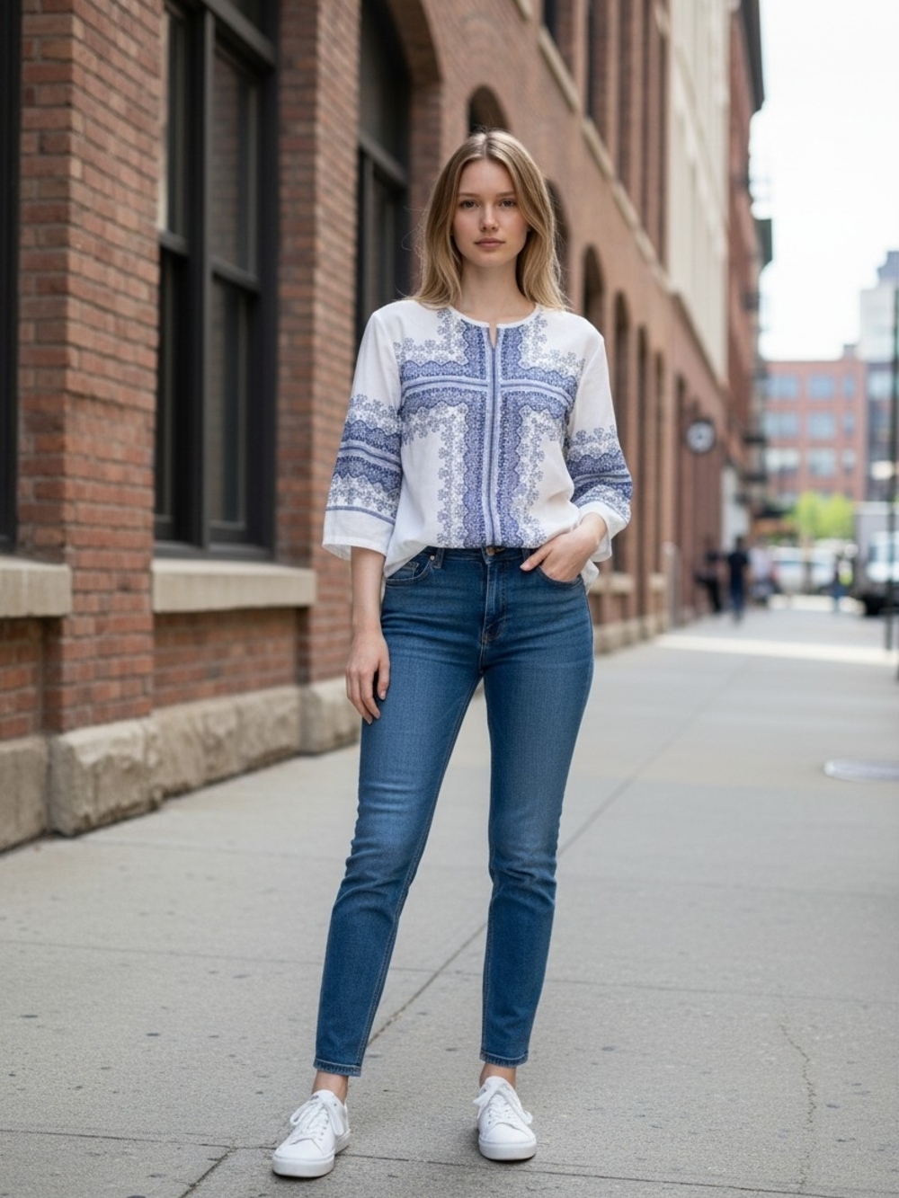 Chico's White Blouse with Blue Border Print